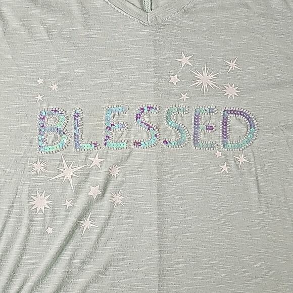 Womens Sz 18/20 Mint Green Pearls Stars Sequins Blessed Decorative V-Neck Top - Picture 3 of 12